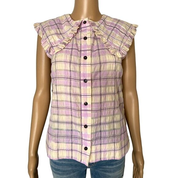 Ganni NWT Seersucker Sleeveless Collared Button Down Blouse Orchid Bloom Size XS - Picture 1 of 8